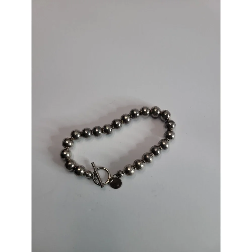 925 Sterling Silver Beaded Bracelet with Toggle Clasp and Round Charm